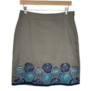 Boden Pencil Skirt Gray with Blue Velvet Floral Accents Size 8 Reg Fully Lined